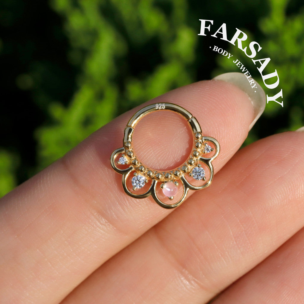 16G Sterling Silver Moonstone Flower Septum Ring, Moissanite Hinged Septum Clicker,925 Sterling Silver Plated 18k Gold,Gold Daith Earring Hoop,Helix Tragus Hoop