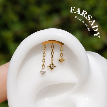 Triple Star Dangle Hidden Helix Threadless Earring, Implant Grade Push-in Stud, Flat Back Floating Helix Piercing Jewelry, 16G/18G/20G