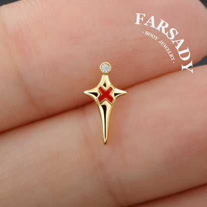 Sterling Silver Red X Threadless Labret, F136 Titanium Push Pin Stud, 925 Silver Gothic Earring, 16G 18G 20G Flat Back, Helix Tragus Conch Piercing Jewelry