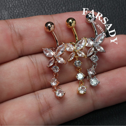 Butterfly Glimmer Trail - CZ Dangle Belly Button Ring / Fits 14G Navel Piercing