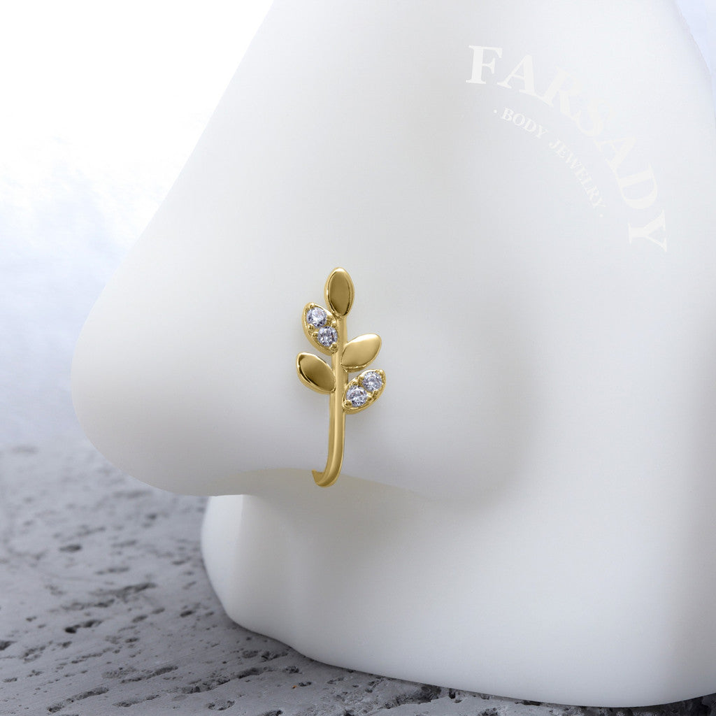 Silver Leaf Sprig - 925 Silver Fake Nose Ring / Fit Non-Pierced Nose Ring