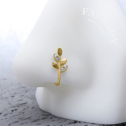 Silver Leaf Sprig - 925 Silver Fake Nose Ring / Fit Non-Pierced Nose Ring