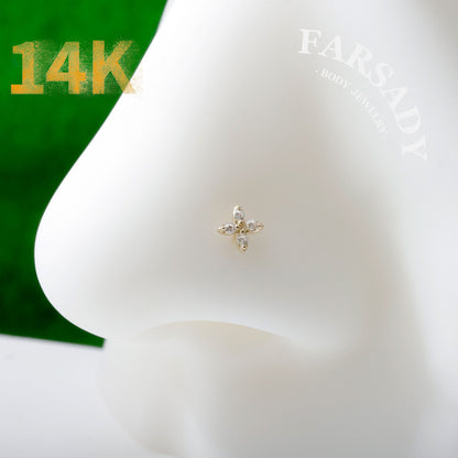Daisy Duo - Solid 14K Gold Screw End Stud / Fit 20G Nostril Piercing
