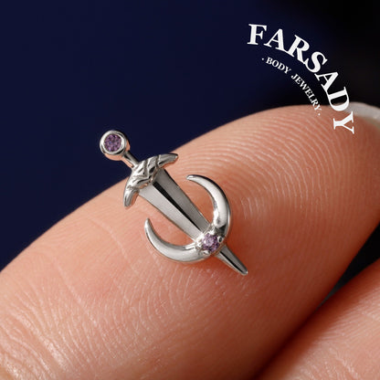 Lunar Sword - 925 Silver Threadless Stud / Fits Cartilage Helix Tragus Lobe Nostril Piercing