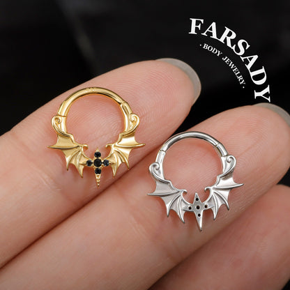 Obsidian Wing - 925 Silver CZ Hinged Clicker Hoop / Fits 16G Septum Ring Helix Conch Daith Earring
