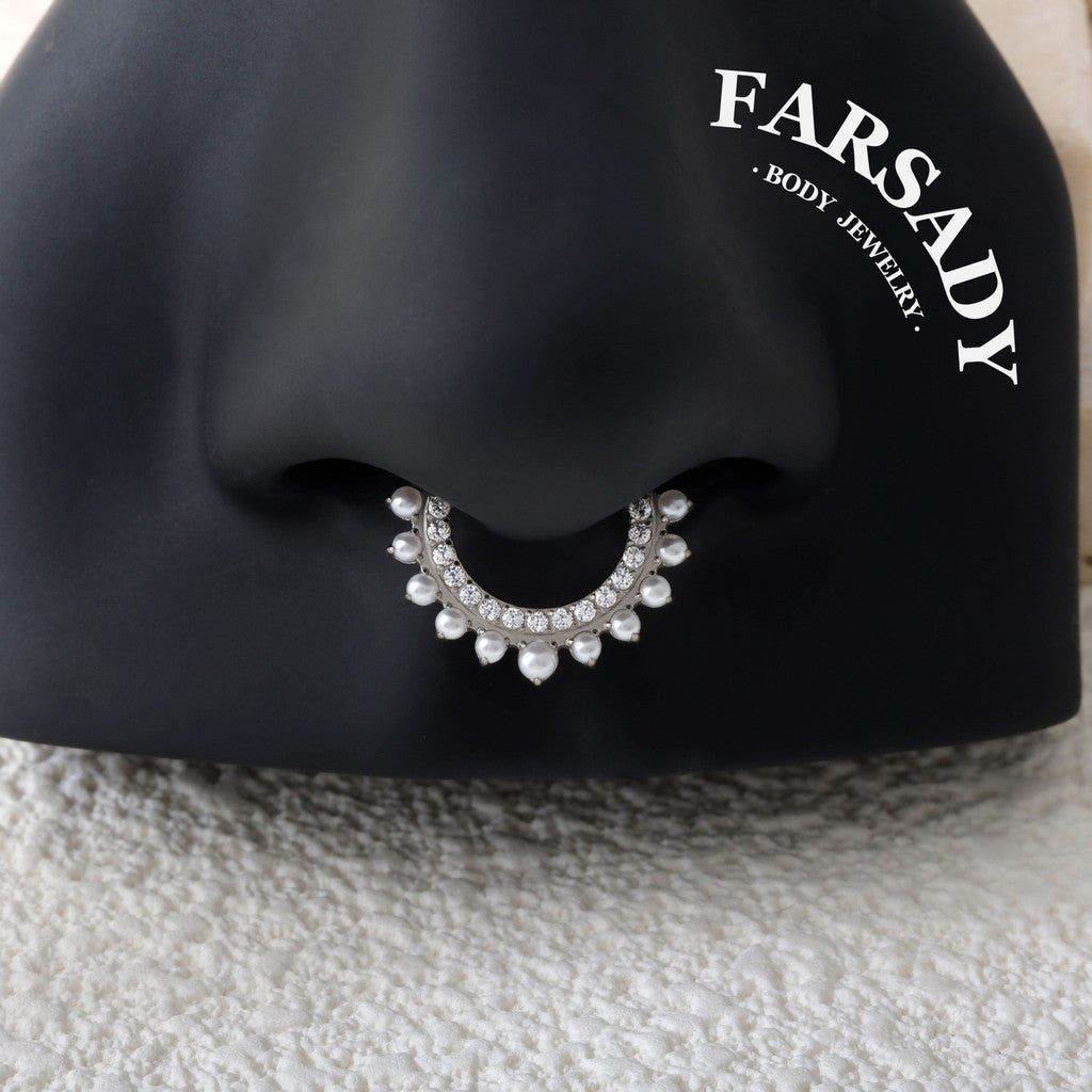 Pearl Fringe - F136 Titanium Hinged Clicker Hoop / Fits 16G Septum Ring Helix Conch Cartilage Earring