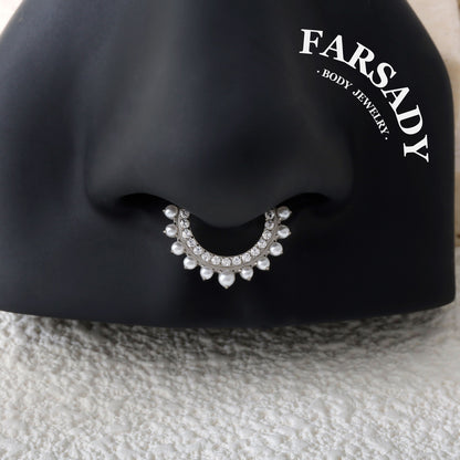 Pearl Fringe - F136 Titanium Hinged Clicker Hoop / Fits 16G Septum Ring Helix Conch Cartilage Earring