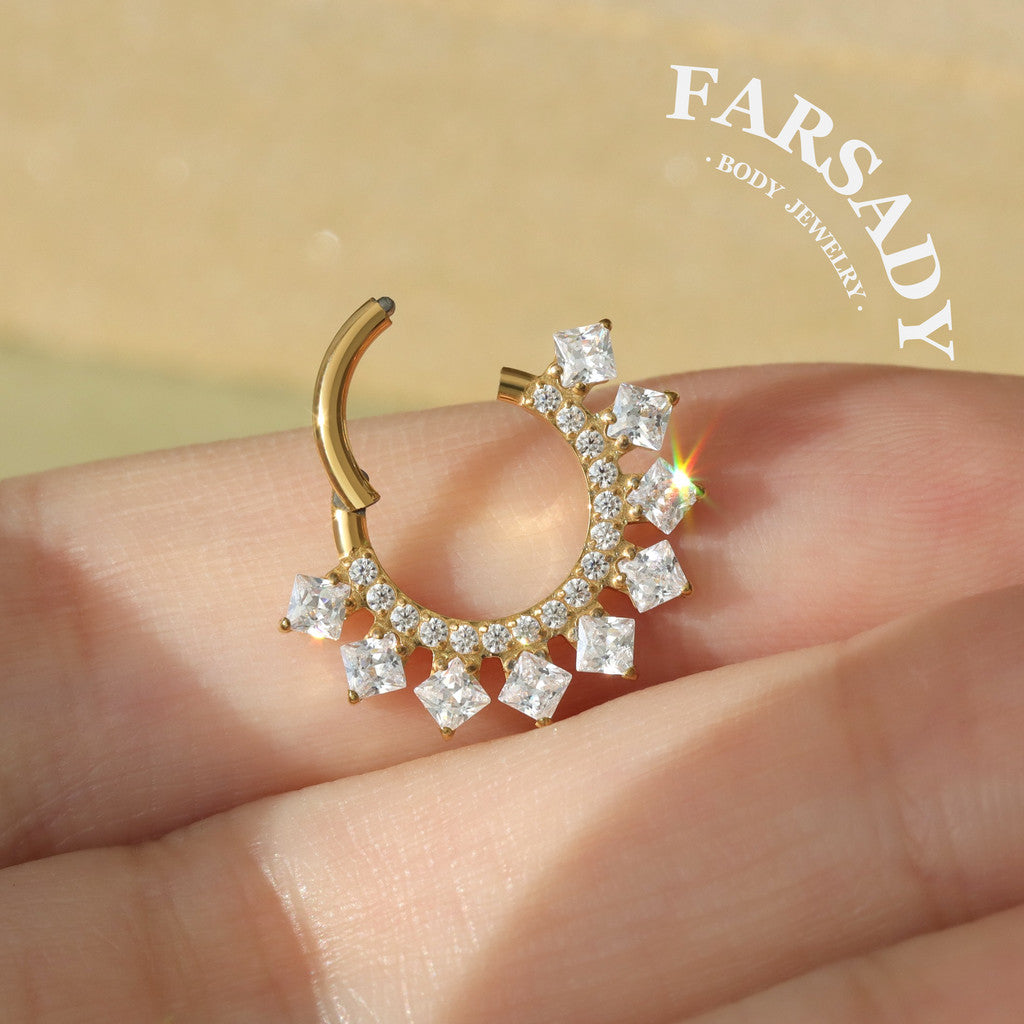 Diamond Spire - F136 Titanium Hinged Clicker Hoop / Fits 16G Septum Ring Helix Conch Cartilage Earring