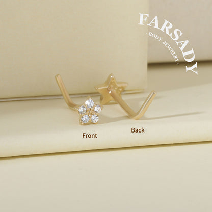 Minimal Star - Solid 14K Gold L-Shape Stud / Fit 20G Nostril Piercing