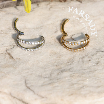 18G Titanium CZ Hinged Conch Earring Nose Hoop  | Double Line Shine Nostril Clicker | Stainless Steel Helix Eyebrow Piercing 1.0*8mm/10mm Silvery Golden Cartilage Ear Jewelry