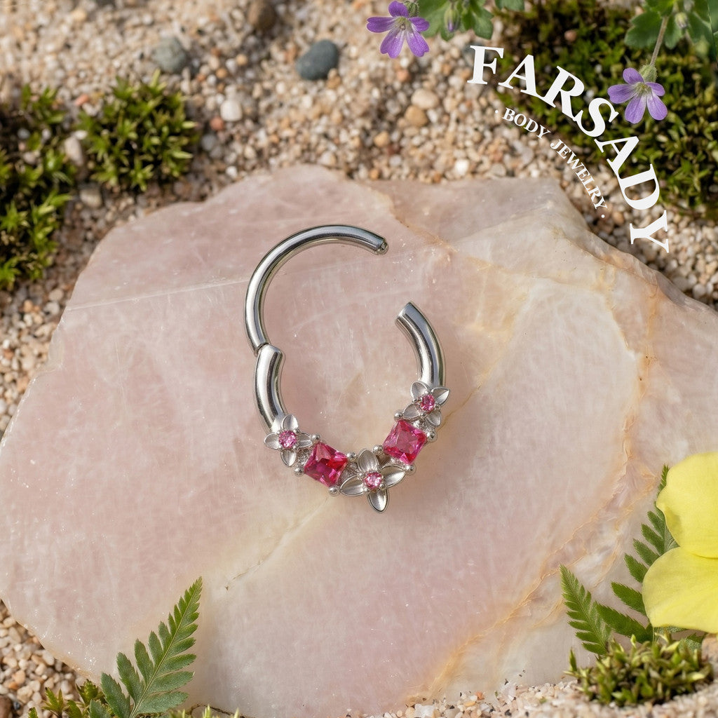 16G Steel Flower Septum Nose Ring, Silver Daith Hoop Earring, Original Design Hinged Septum Clicker, Helix Tragus Lobe Hoop Earrings 8mm