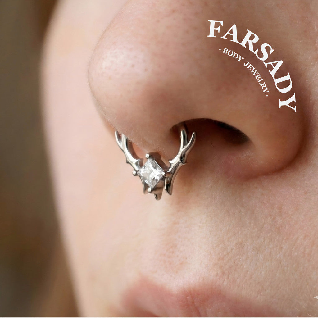 925 Sterling Silver Thorn Septum Clicker, 16G Princess Cut CZ Septum Ring, Gothic Daith Earring, Punk Nose Hoop, Silver & Gold Jewelry