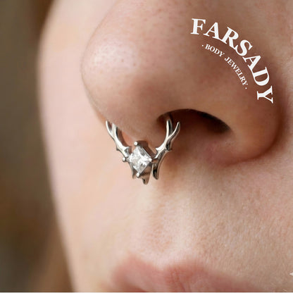 925 Sterling Silver Thorn Septum Clicker, 16G Princess Cut CZ Septum Ring, Gothic Daith Earring, Punk Nose Hoop, Silver & Gold Jewelry