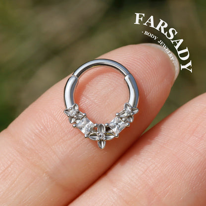 316L Flower Septum Clicker, White CZ Septum Nose Ring, 16G 8mm Daith Hoop Earring, Gold Septum Ring, Silver Helix/ Conch/ Tragus Ring