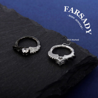16G Angel VS Devil Septum Ring| Sterling Silver Septum Jewelry| Heart Daith Earring Hoop| Helix Piercing Jewelry| Gothic Piercing Jewelry