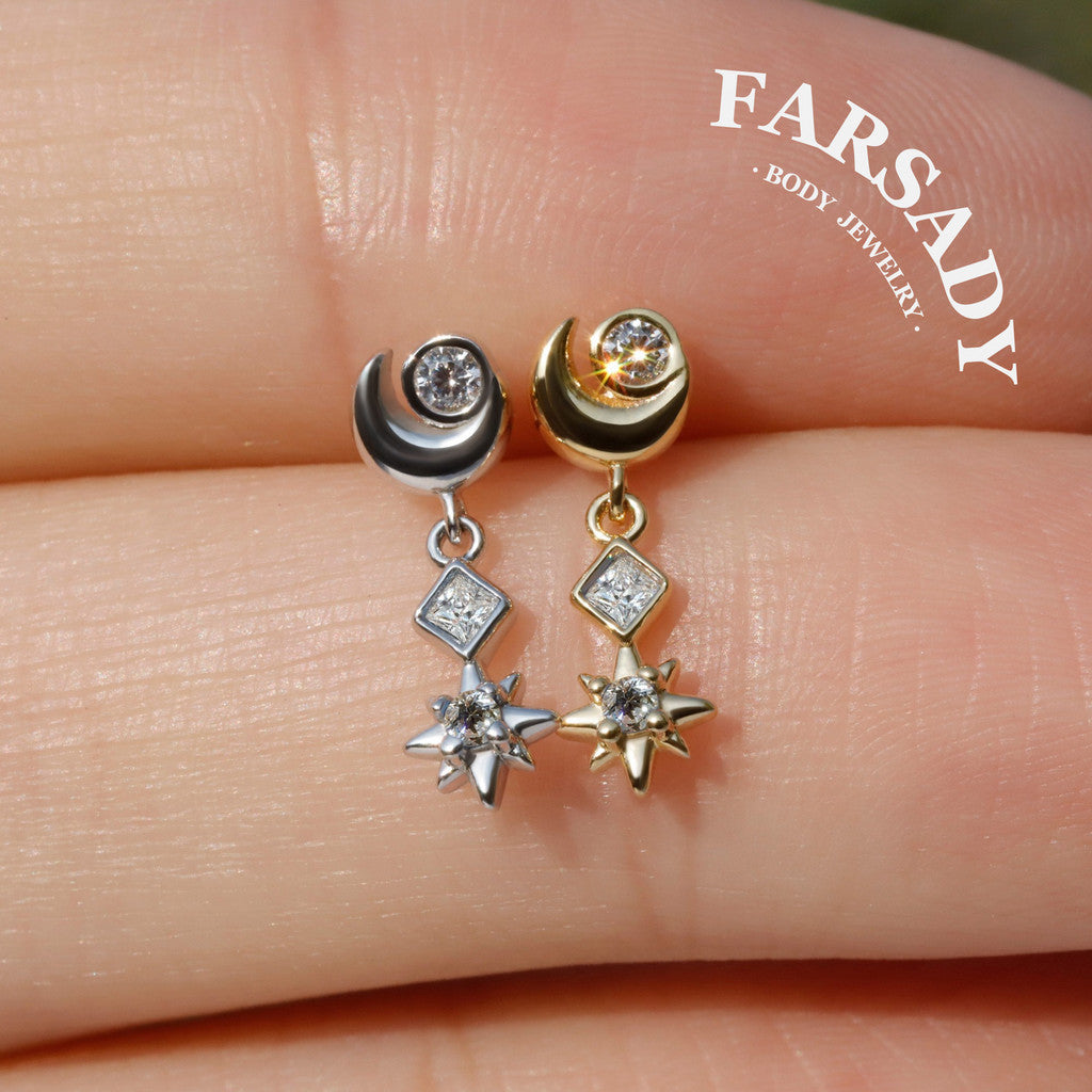 Luna Flare Dangle Threadless Push In Helix Stud, Sterling Silver Cartilage Stud, Flat Back Titanium Post, Design Satr Tragus/ Lobe Earring