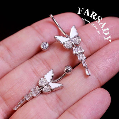 14G Sterling Silver White Butterfly Belly Button Ring | S925 Navel Piercing Jewelry | 5A Cubic Zirconia Dangle Navel Ring | Elegant Daily Wear Piercing Jewelry with Gift Box