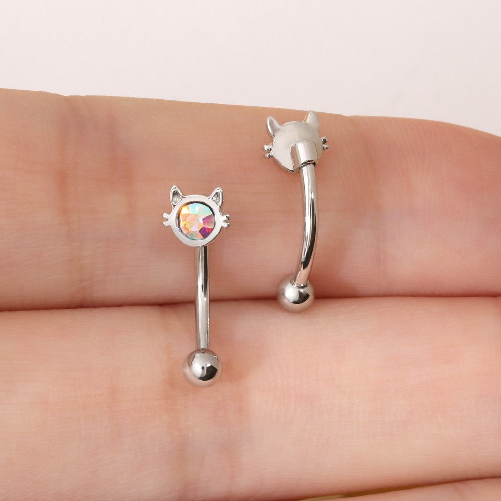 16G AB Cubic Zirconia Cat Curved Barbell, Elegant Silver CZ 8mm Bar Eyebrow Piercings Barbell, Cute Cat CZ Rook Earring, 8mm Cute Cat Rook Barbell