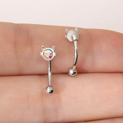 16G AB Cubic Zirconia Cat Curved Barbell, Elegant Silver CZ 8mm Bar Eyebrow Piercings Barbell, Cute Cat CZ Rook Earring, 8mm Cute Cat Rook Barbell