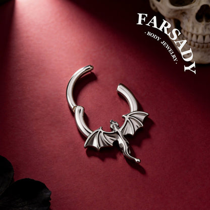 Flying Dragon - 316L Hinged Clicker Hoop / Fits 16G Septum Ring Helix Conch Cartilage Earring