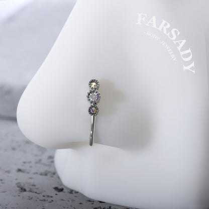 Three Bezel AB CZ Hook - 925 Silver Fake Nose Ring / Fit Non-Pierced Nose Ring
