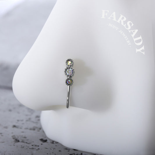 Three Bezel AB CZ Hook - 925 Silver Fake Nose Ring / Fit Non-Pierced Nose Ring