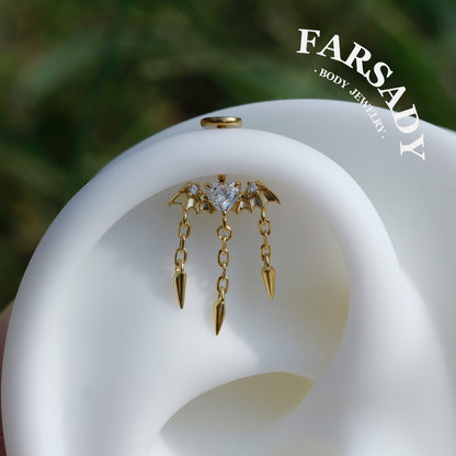 Bat Wing Heart - 925 Silver Threadless Stud / Fits Vertical Helix Hidden Rook Earring