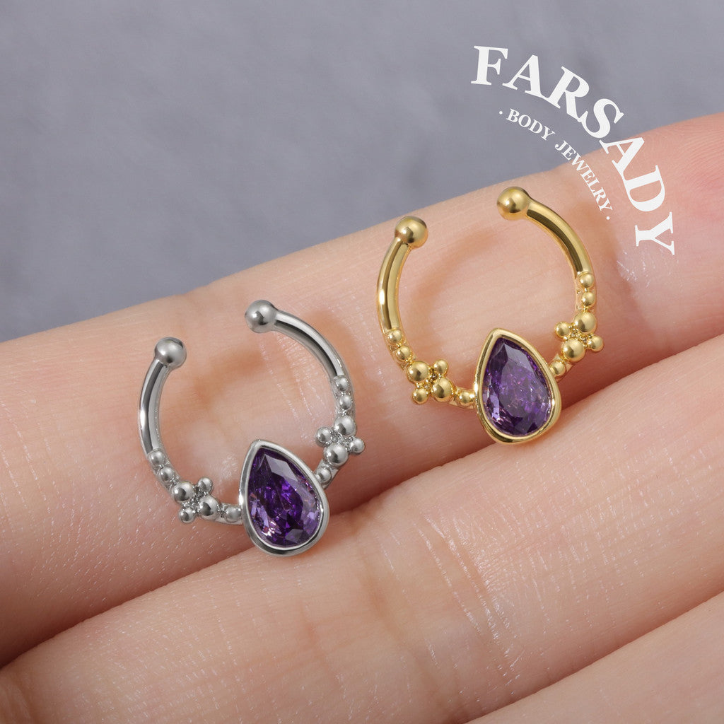 Amethyst Droplet Arc - 316L Fake Nose Ring C-Hoop Piercing / Fit Non-Pierced Septum Ring