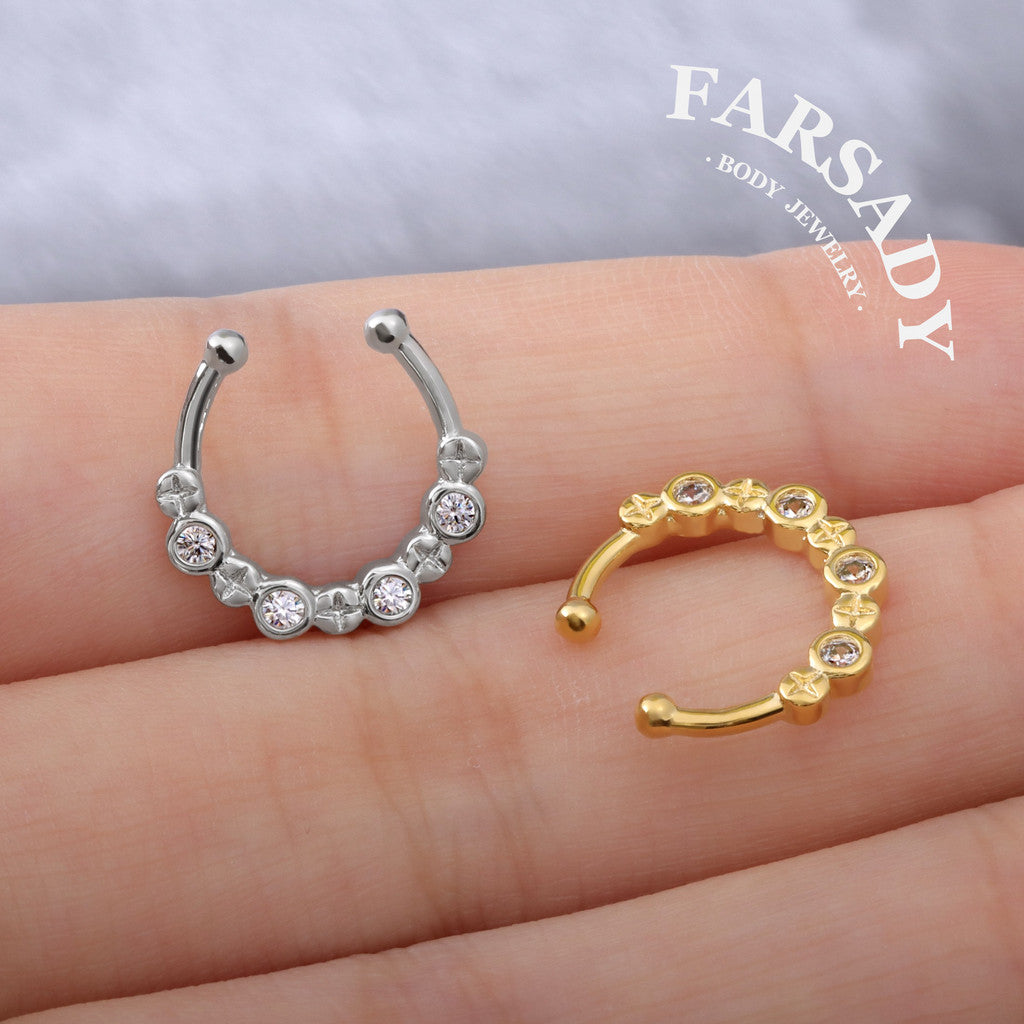 Starlet Crescent Halo - 316L Fake Nose Ring C-Hoop Piercing / Fit Non-Pierced Septum Ring