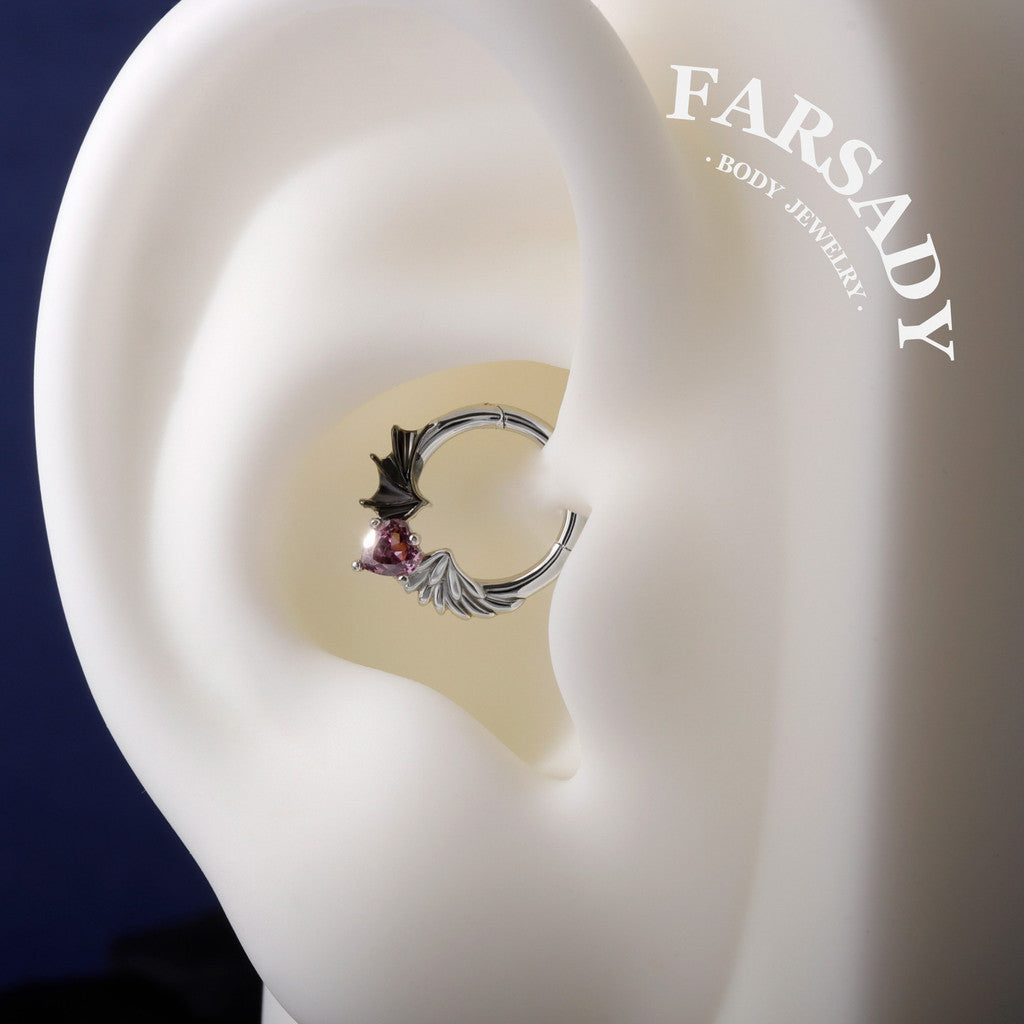 S925 Silver Purple CZ Heart Septum Ring 16G Angel Devil Design Hinged Daith Ear Hoop Gothic Style Body Piercing Jewelry
