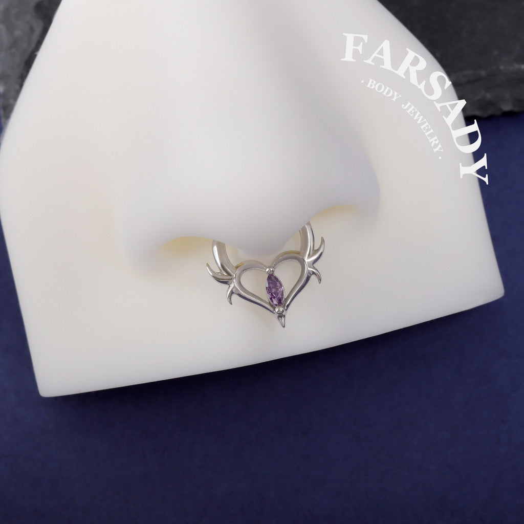 16G Heart Thorn Hinged Daith Earring Hoop, Gothic Purple CZ Septum Ring, Edgy Helix Tragus Conch Clicker  Sterling Silver, Original Design