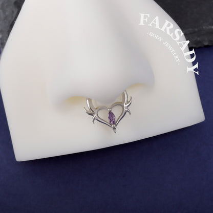 16G Heart Thorn Hinged Daith Earring Hoop, Gothic Purple CZ Septum Ring, Edgy Helix Tragus Conch Clicker  Sterling Silver, Original Design