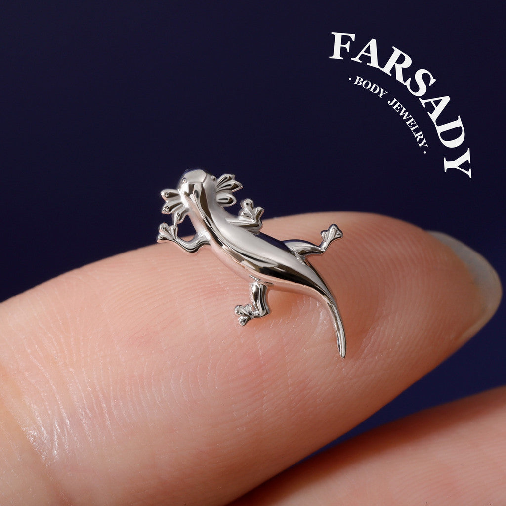 Axolotl Threadless Push In Helix Earring| 18K Gold Plated Sterling Silver Flat Back Labret| Tragus Helix Conch Nose Stud,Bio-inspired design