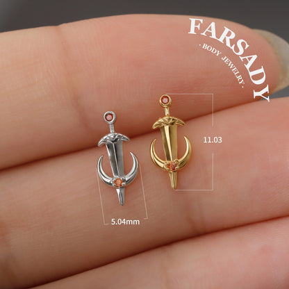 Silvery Moon Sword Threadless Tragus Stud: Gothic Helix/ Conch/ Nose Flat Back Earring, Crescent Titanium Push Back Earring, Tragus Piercing