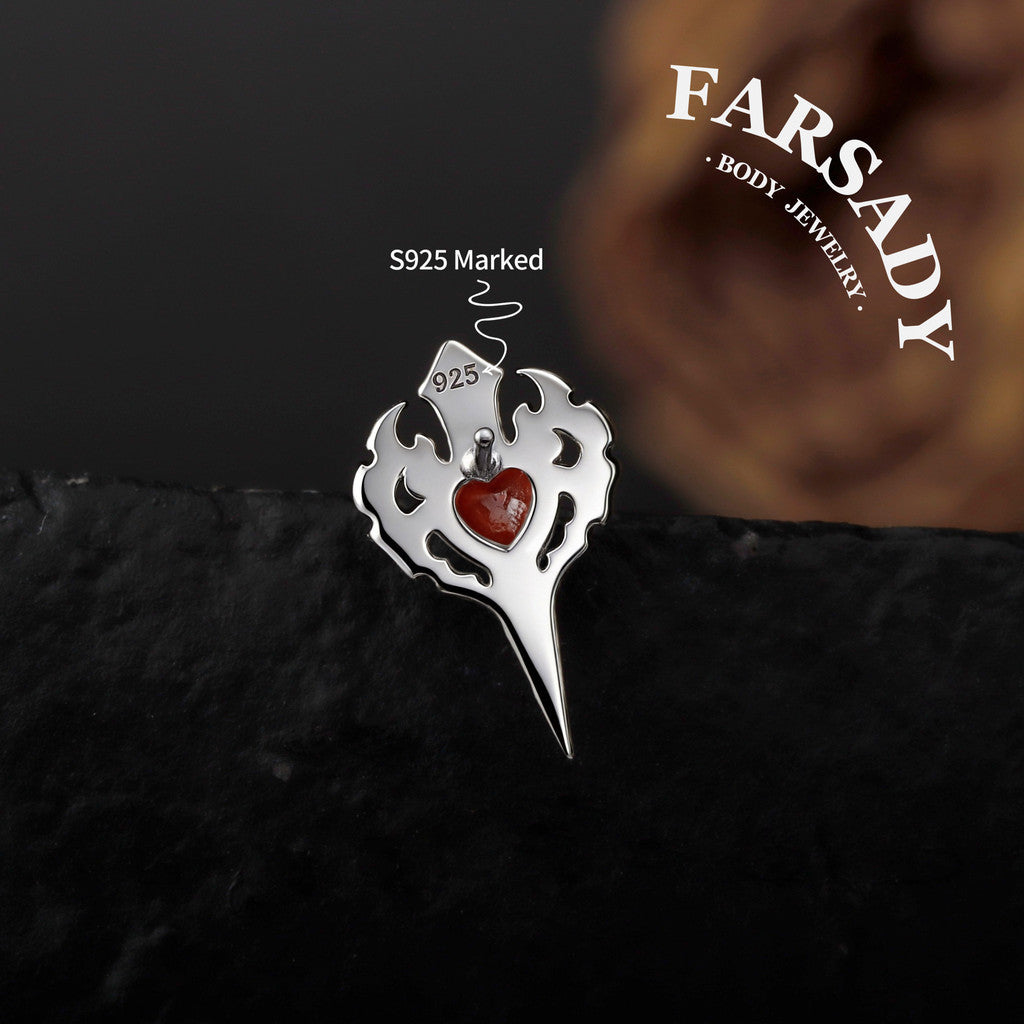 Sterling Silver Flame Red Heart Sword Threadless Helix Stud• 925 Silver & F136 Titanium Earrings• Romantic Gothic Jewelry•Flat Back Cartilage Tragus Jewelry