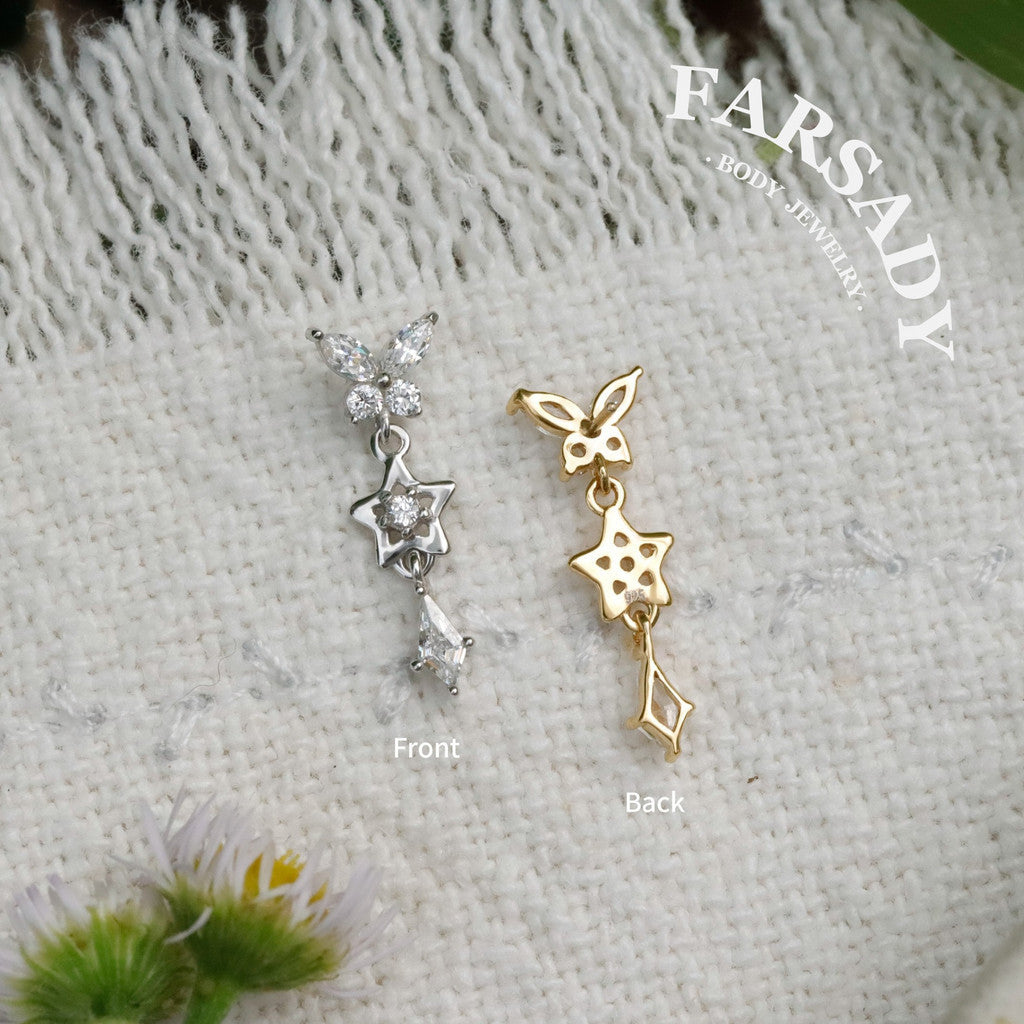 Sterling Silver Butterfly Dangle Cartilage Stud Earring • Threadless Push In Flat Helix Piercing Jewelry Flat  Back Earring Plated 18K Gold