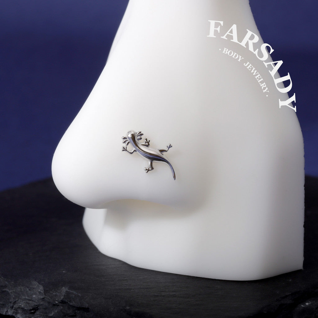 Axolotl Threadless Push In Helix Earring| 18K Gold Plated Sterling Silver Flat Back Labret| Tragus Helix Conch Nose Stud,Bio-inspired design