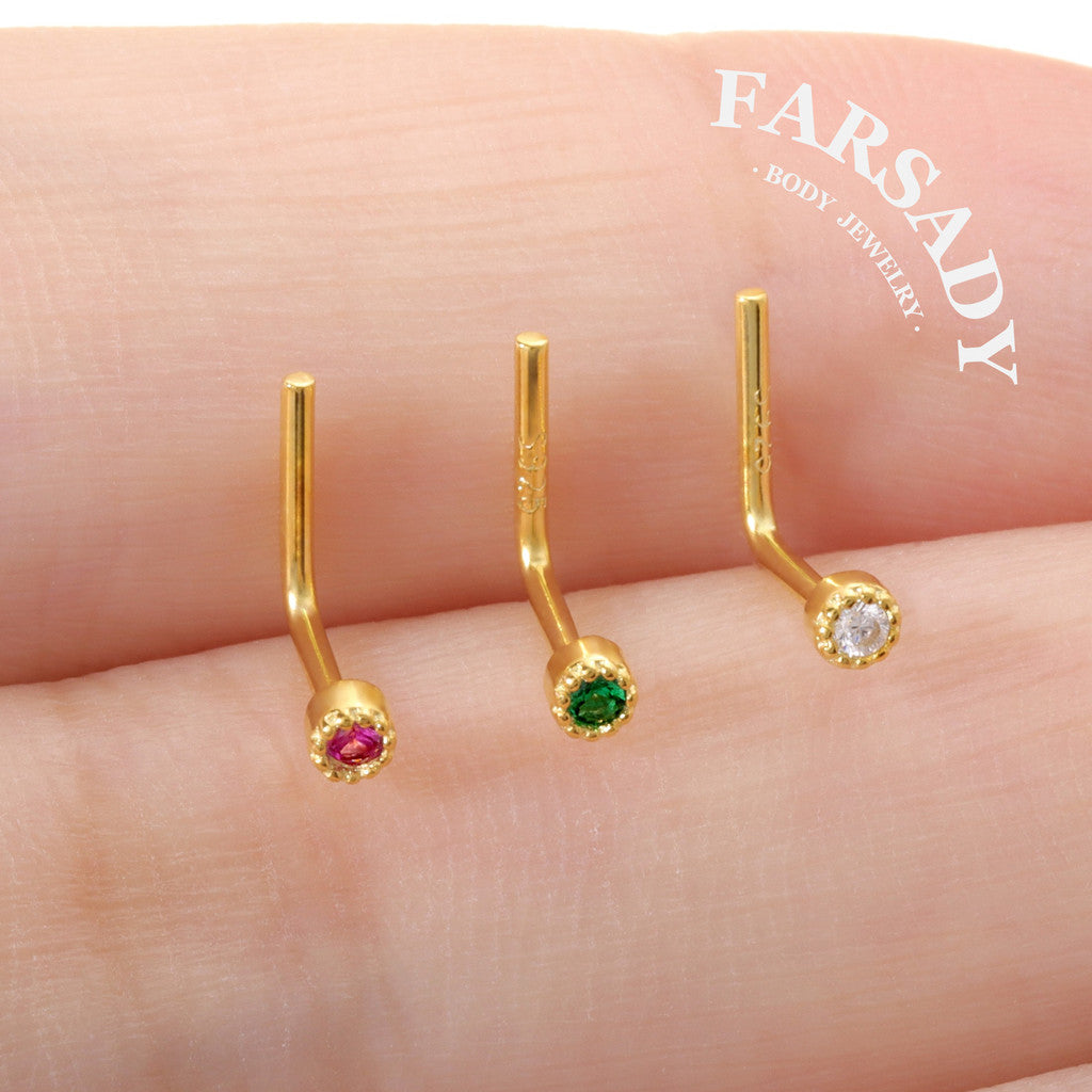 Colored Bezel Round CZ - 925 Silver L-Shape Stud / Fit 20G Nose Piercing