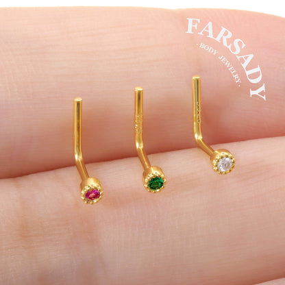Colored Bezel Round CZ - 925 Silver L-Shape Stud / Fit 20G Nose Piercing
