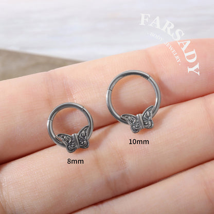 Etch Butterfly - ASTM F136 Titanium Hinged Clicker Hoop / Fits 16G Septum Ring Helix Conch Cartilage Earring