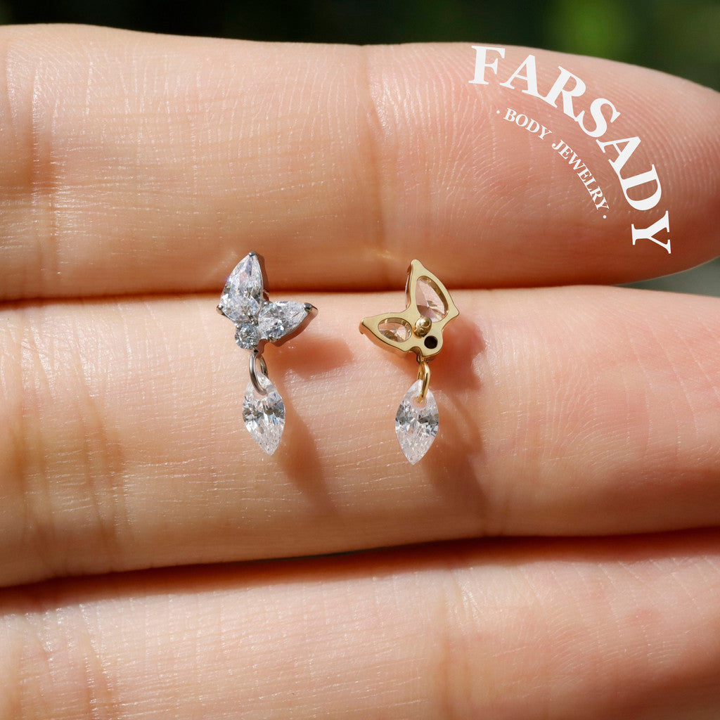 Dangle Crystal Butterfly - F136 Titanium Internally Threaded Stud / Fits Cartilage Helix Tragus Lobe Nostril Piercing