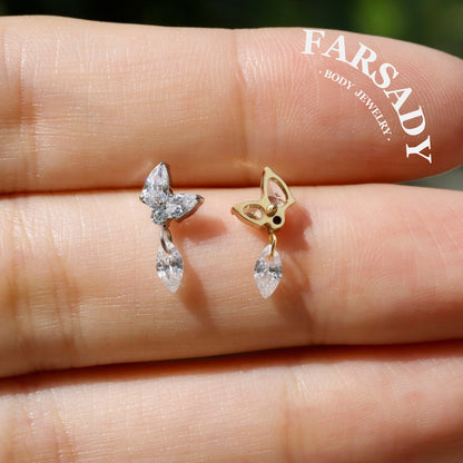 Dangle Crystal Butterfly - F136 Titanium Internally Threaded Stud / Fits Cartilage Helix Tragus Lobe Nostril Piercing