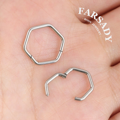 Plain Hexagon - Hinged Clicker Hoop / Fits 16G Septum Ring Helix Conch Cartilage Earring