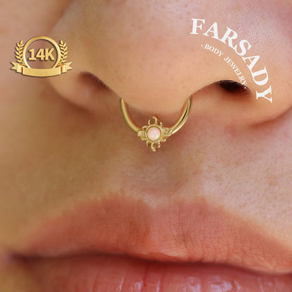 Opal Suncore - Solid 14K Gold Hinged Clicker Hoop / Fits 16G Septum Ring Helix Conch Cartilage Earring