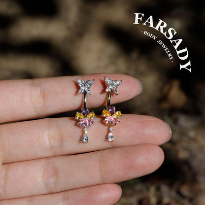 Petal Flutter - Sterling Silver Colorful CZ Belly Button Ring / Fits 14G Navel Piercing