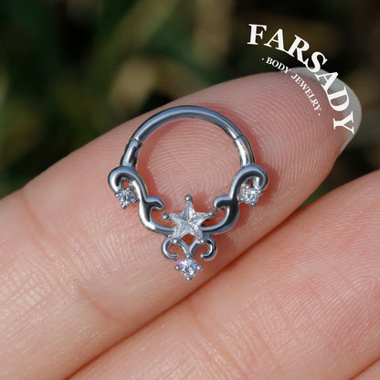Sterling Silver Star-Shape CZ Septum Ring: S925 Plated 18K Gold, Alt Fashion Daith Earring, Sharp Spike Helix Tragus Conch Hoop Jewelry