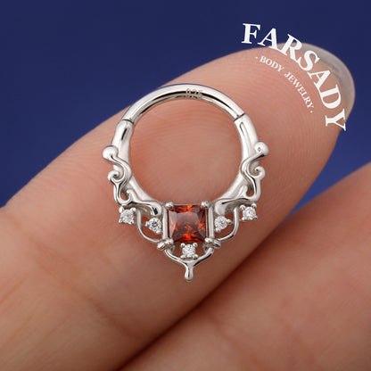 16G Red Gem Gothic Cathedral Daith Earring: 925 Silver Septum Ring Unique Design, Gold Helix Tragus Conch Lobe Clicker Hoop 18K Gold Plated