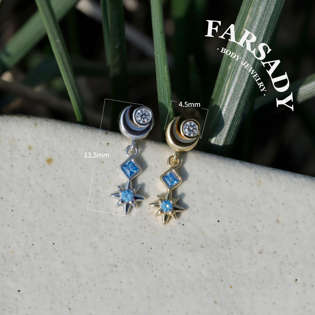 Luna Flare Dangle Threadless Push In Helix Stud, Sterling Silver Cartilage Stud, Flat Back Titanium Post, Design Satr Tragus/ Lobe Earring