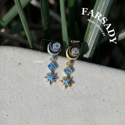 Luna Flare Dangle Threadless Push In Helix Stud, Sterling Silver Cartilage Stud, Flat Back Titanium Post, Design Satr Tragus/ Lobe Earring