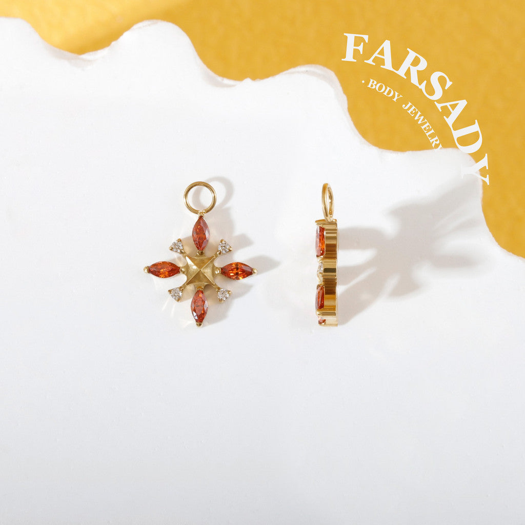 Amber Compass Star - F136 Titanium Red CZ Dangle Charm / Interchangeable Hoop Earring Pendant for Helix Daith Cartilage Piercing